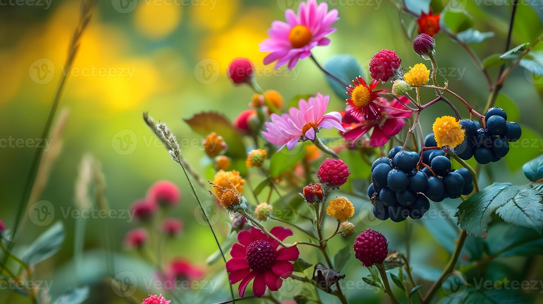 ai generado vibrante jardín flores y bayas macro fotografía foto