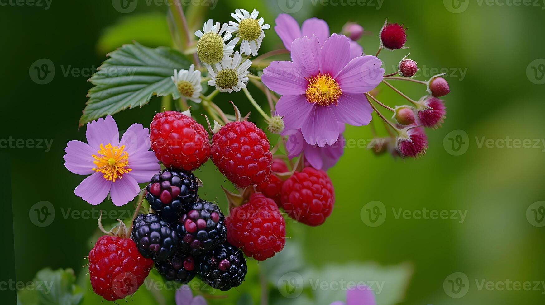 ai generado vibrante jardín flores y bayas macro fotografía foto