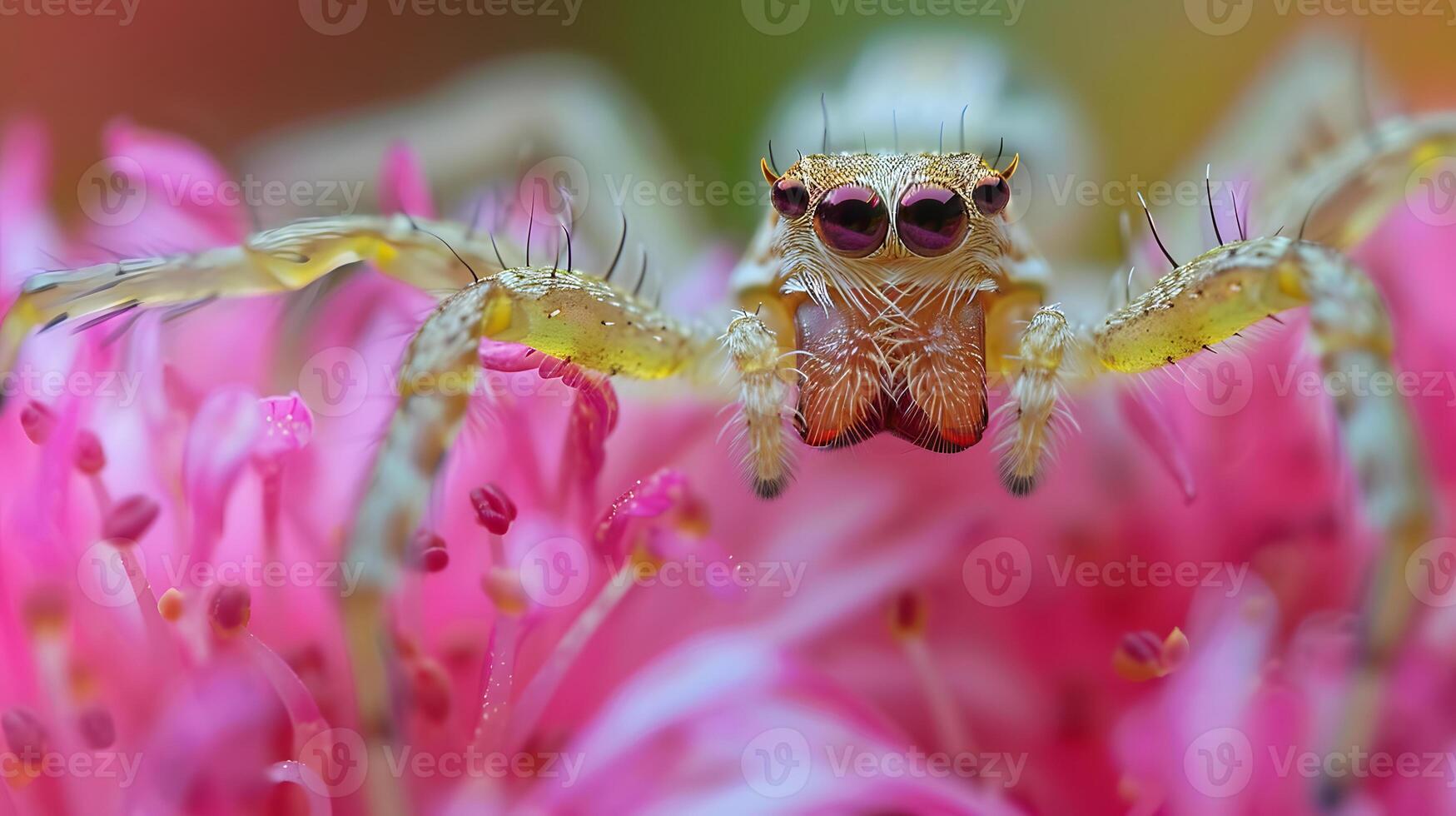 AI generated Jumping Spider on Vivid Pink Flower Macro Photography photo