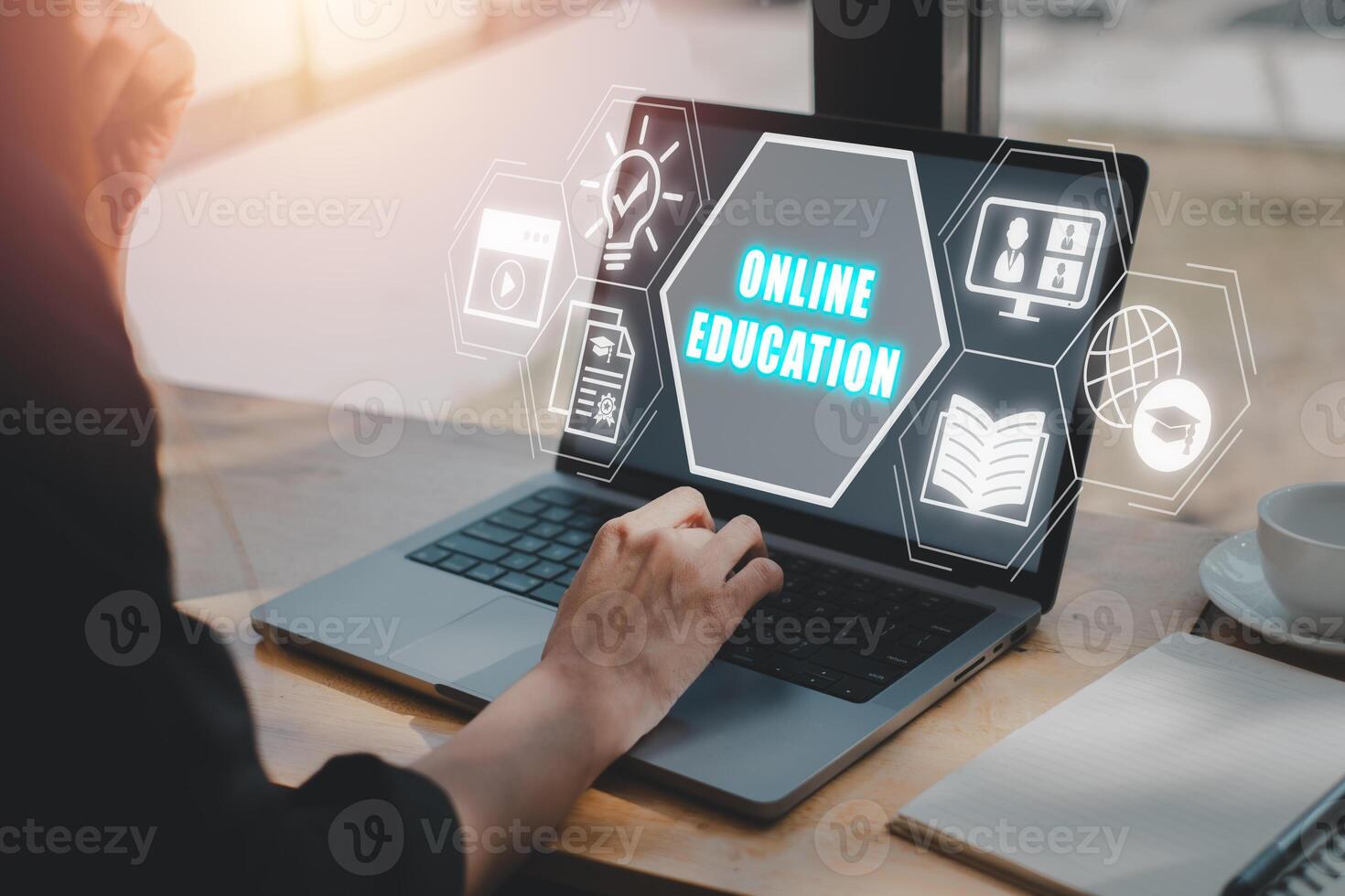 Online education concept, Business woman using laptop computer on desk with online education icon on virtual screen. photo