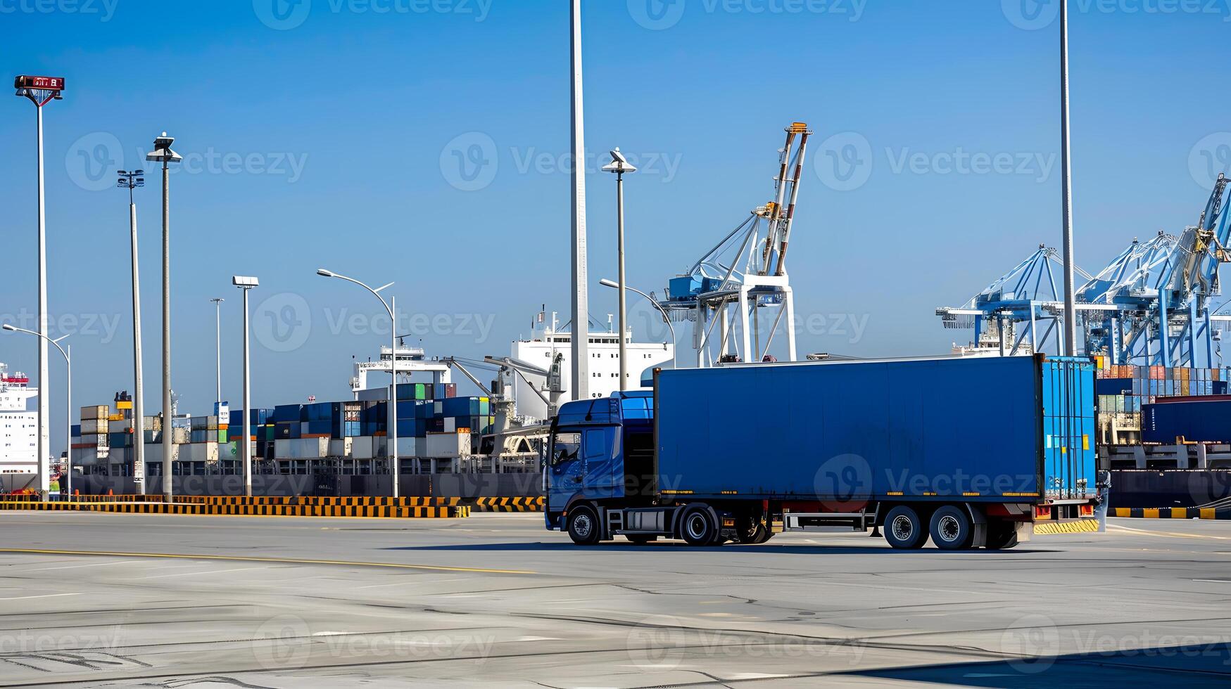 AI generated Truck trailer on the pier in the cargo port terminal with cranes and containers. AI Generated photo