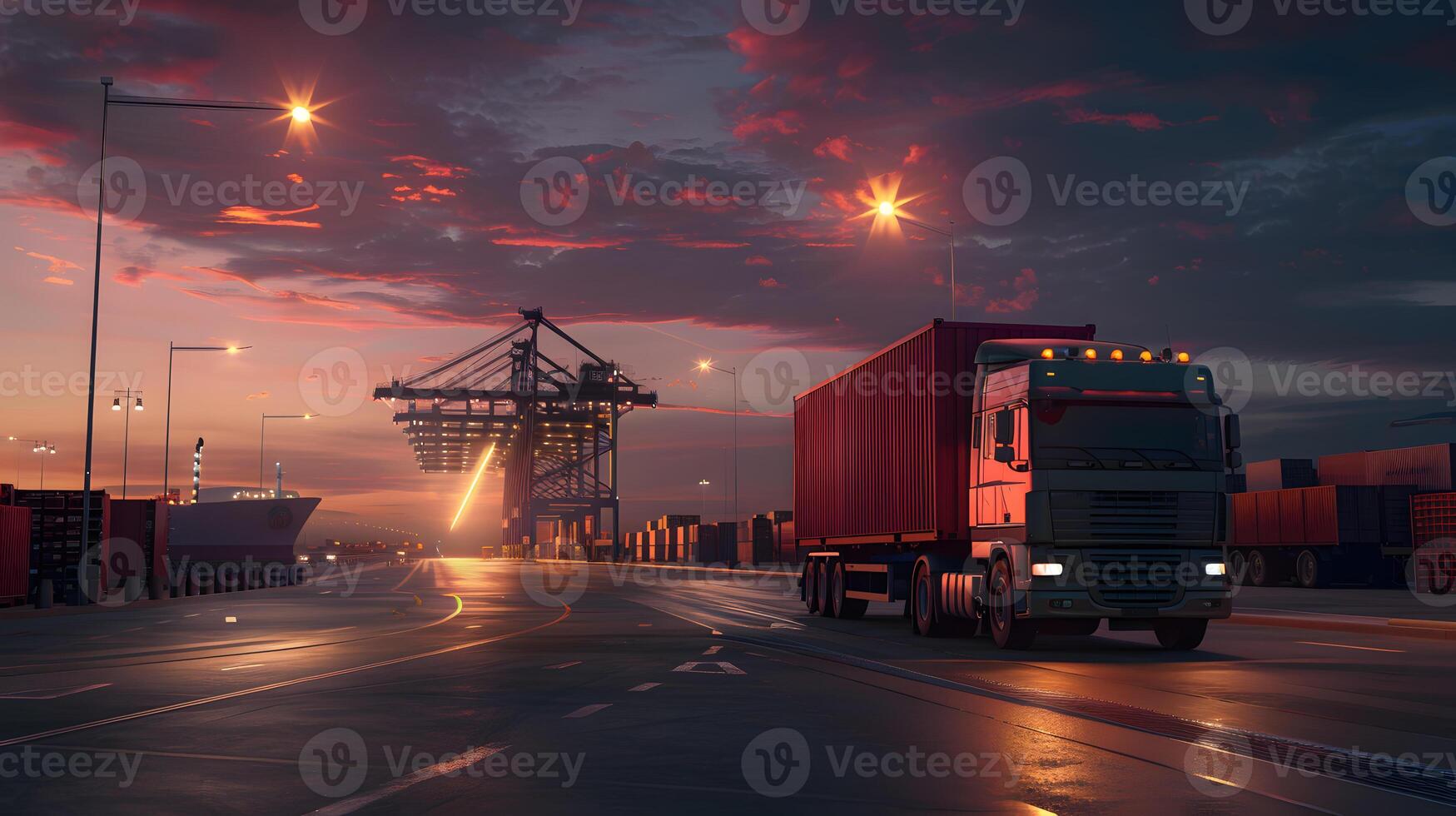 AI generated Truck trailer on the pier in the cargo port terminal with cranes and containers. AI Generated photo