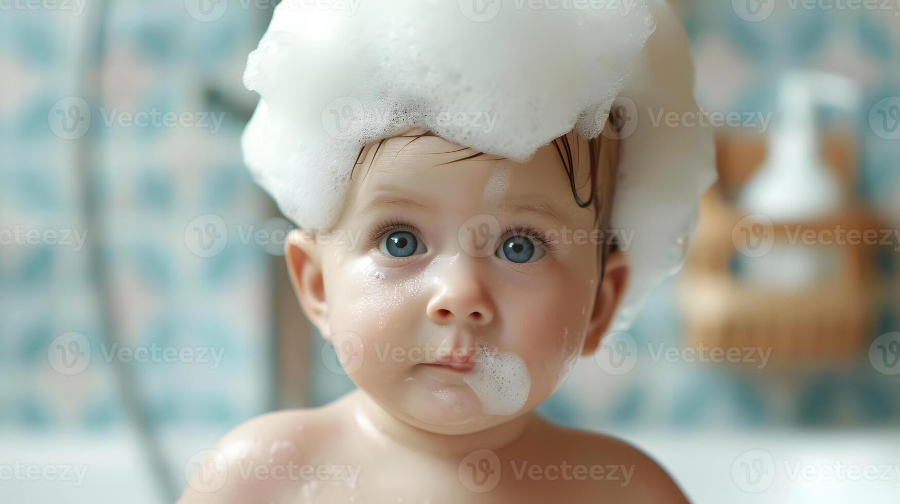 AI generated A cute little child with little foam on his head. AI Generated photo