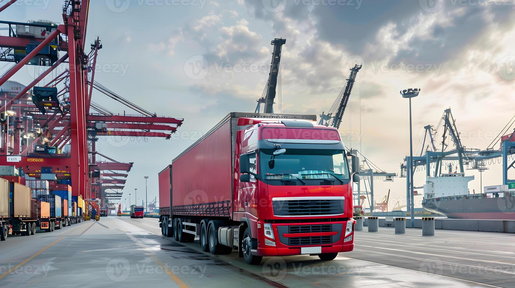 AI generated Truck trailer on the pier in the cargo port terminal with cranes and containers. AI Generated photo