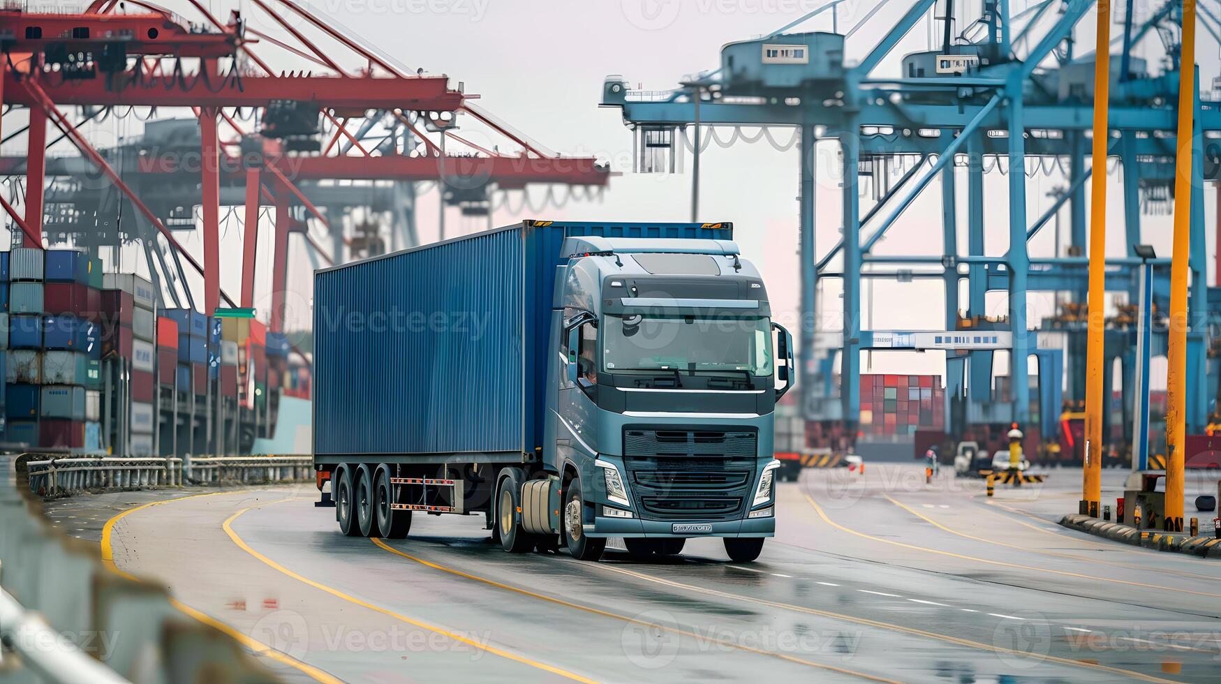 ai generado camión remolque en el muelle en el carga Puerto terminal con grúas y contenedores ai generado foto