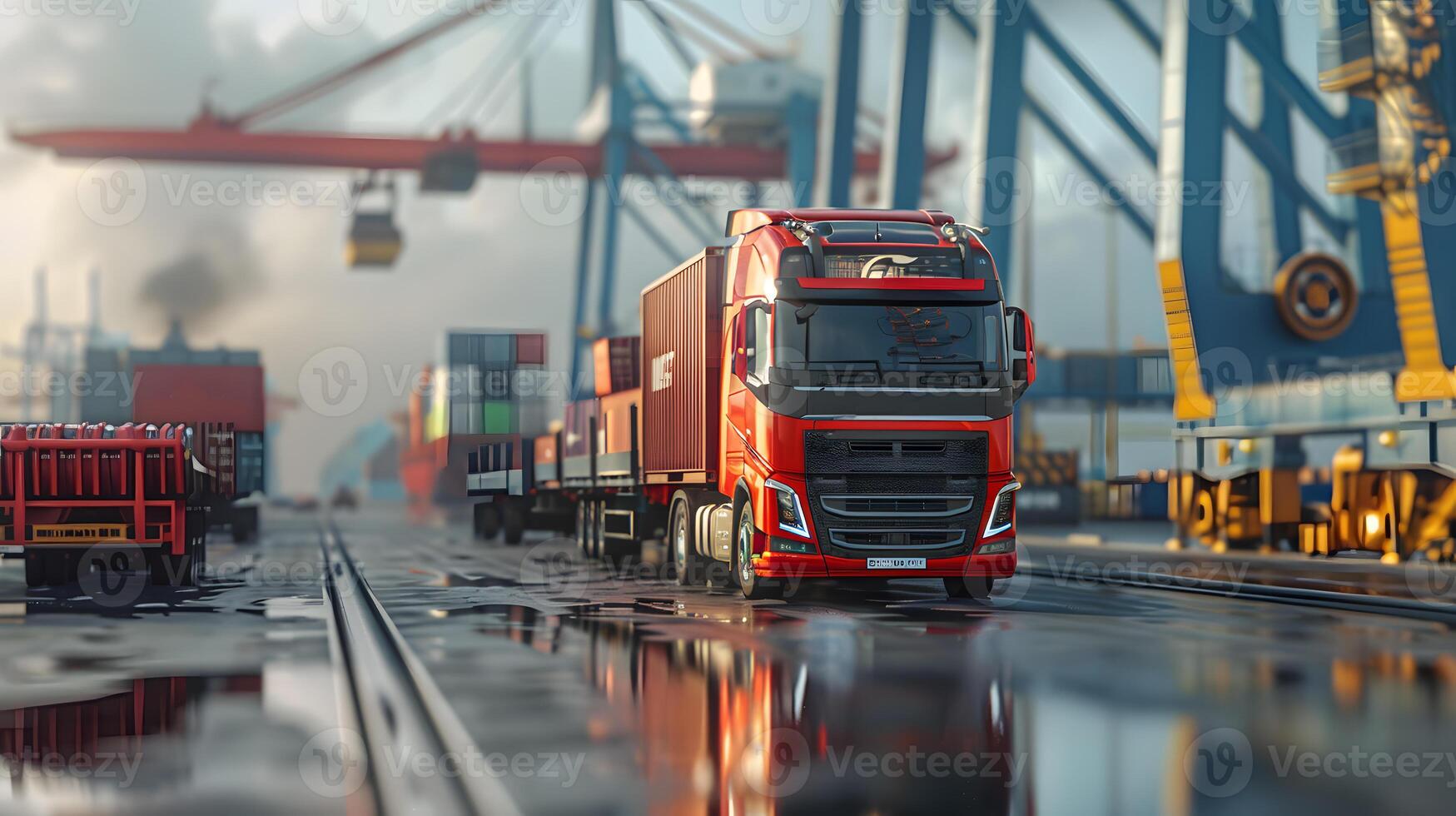 AI generated Truck trailer on the pier in the cargo port terminal with cranes and containers. AI Generated photo