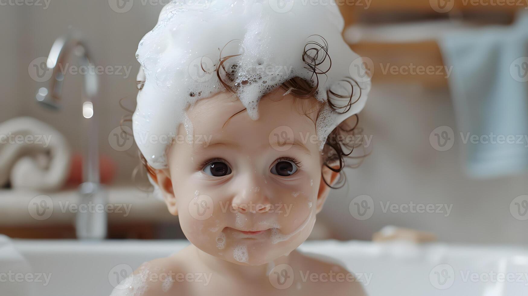 ai generado un linda pequeño niño con pequeño espuma en su cabeza. ai generado foto