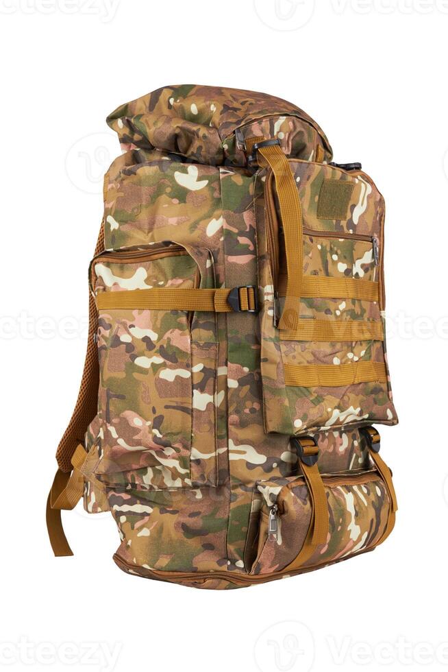 Camouflage backpack on white photo