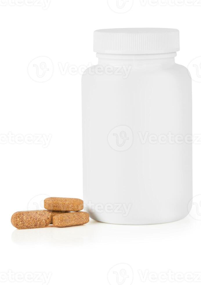 Pills vitamins on white photo