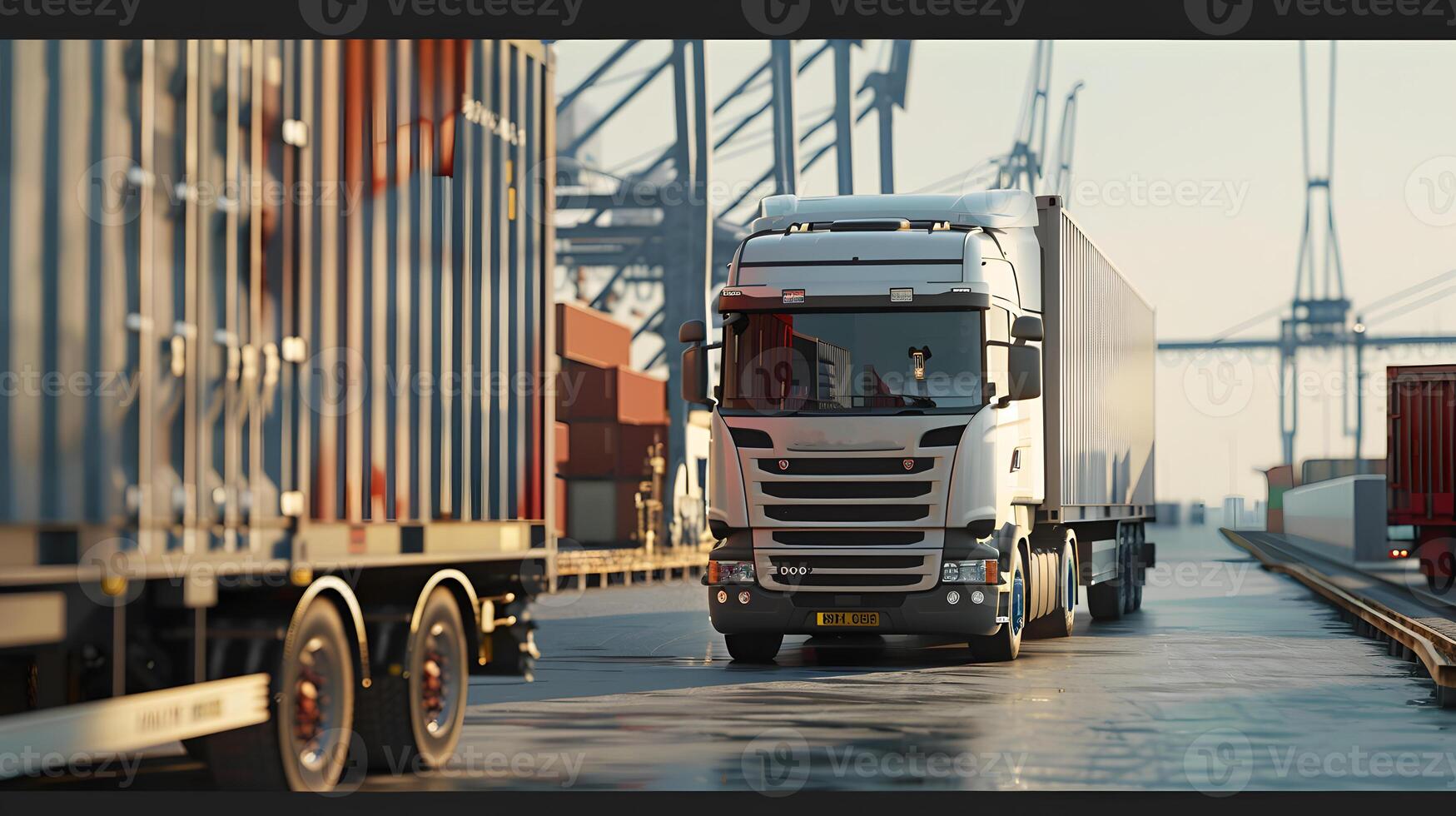 AI generated Truck trailer on the pier in the cargo port terminal with cranes and containers. AI Generated photo