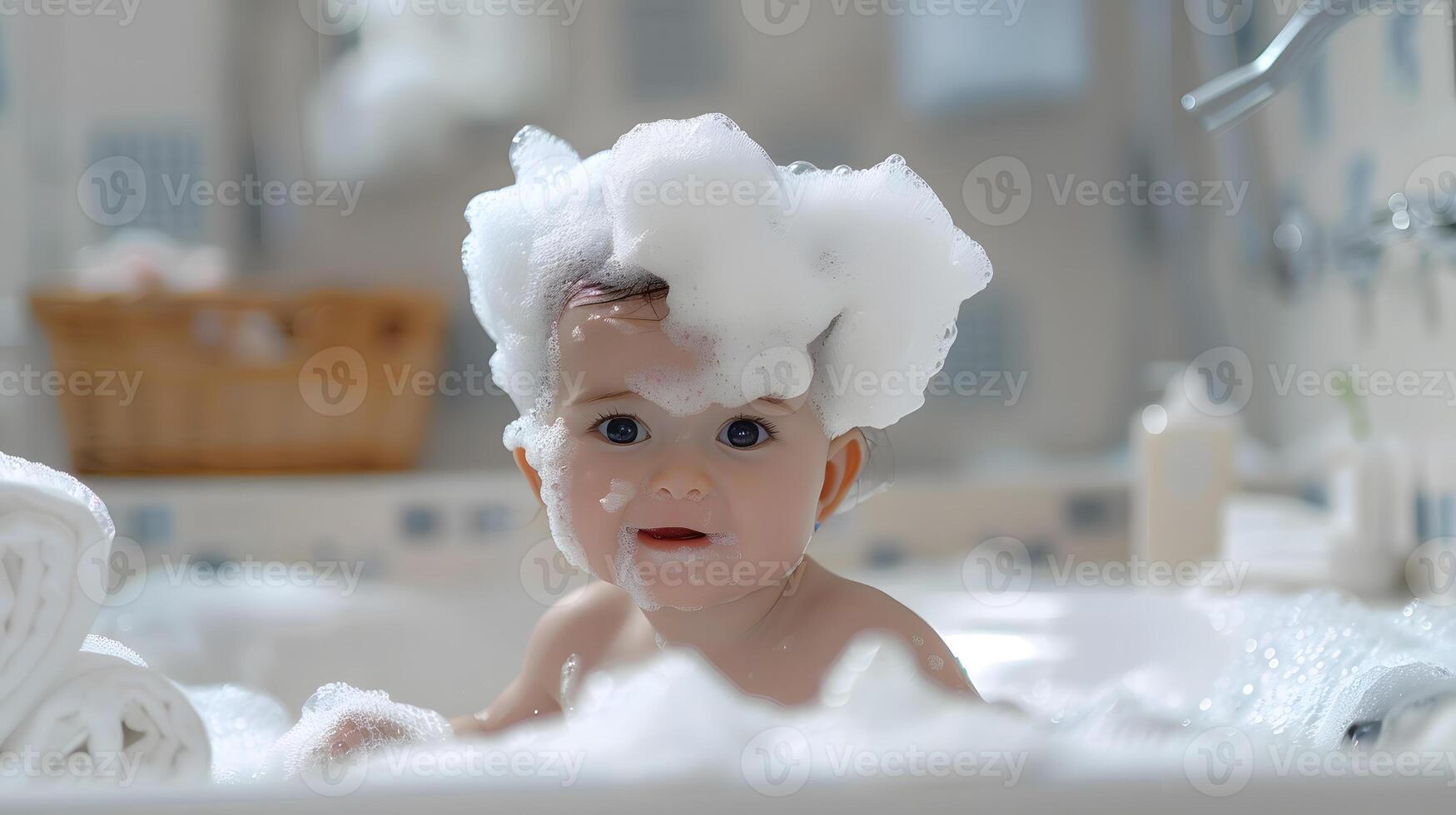 ai generado un linda pequeño niño con pequeño espuma en su cabeza. ai generado foto