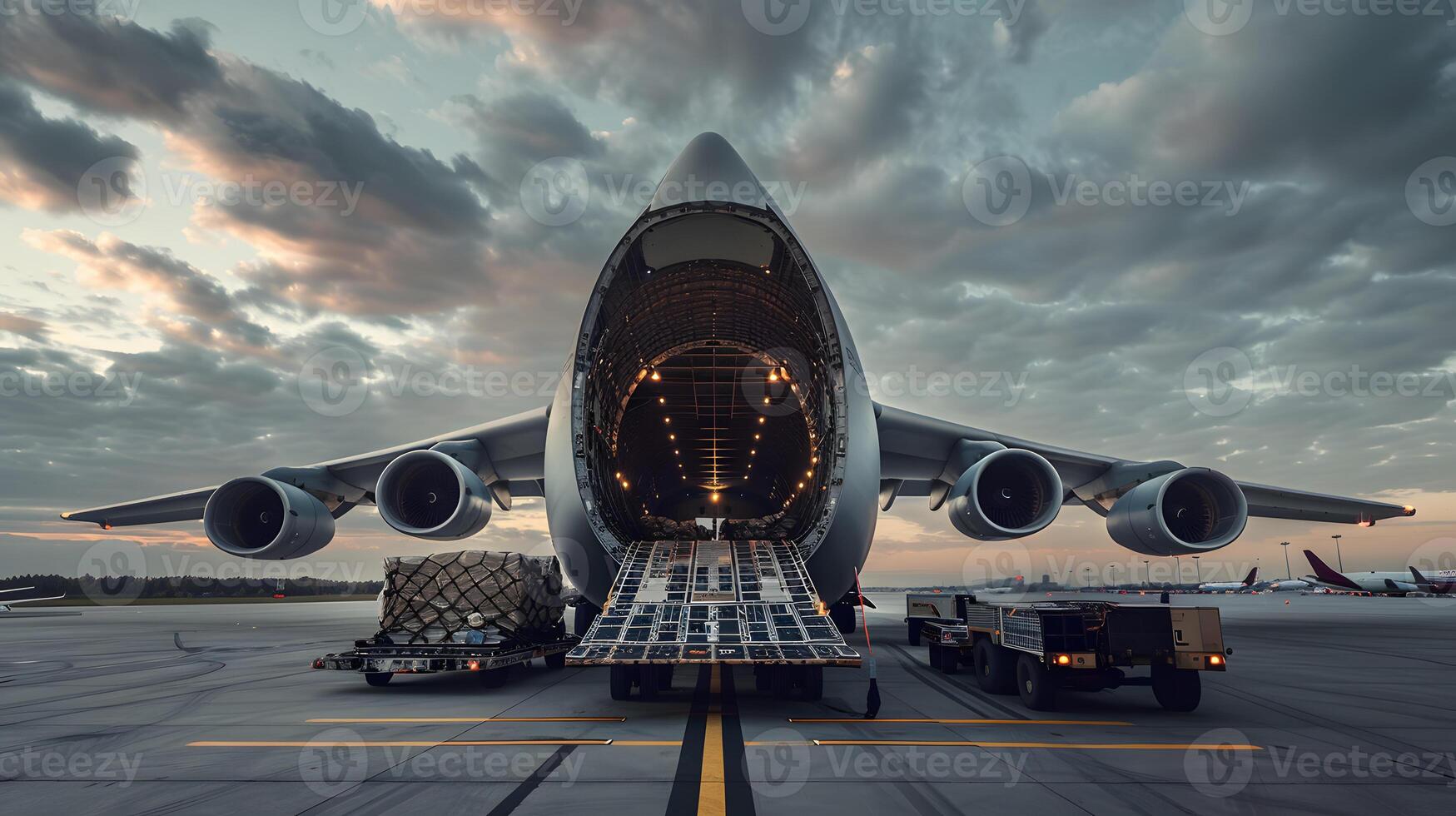 AI generated A cargo plane at the airport docks loads or unloads cargo. AI Generated photo