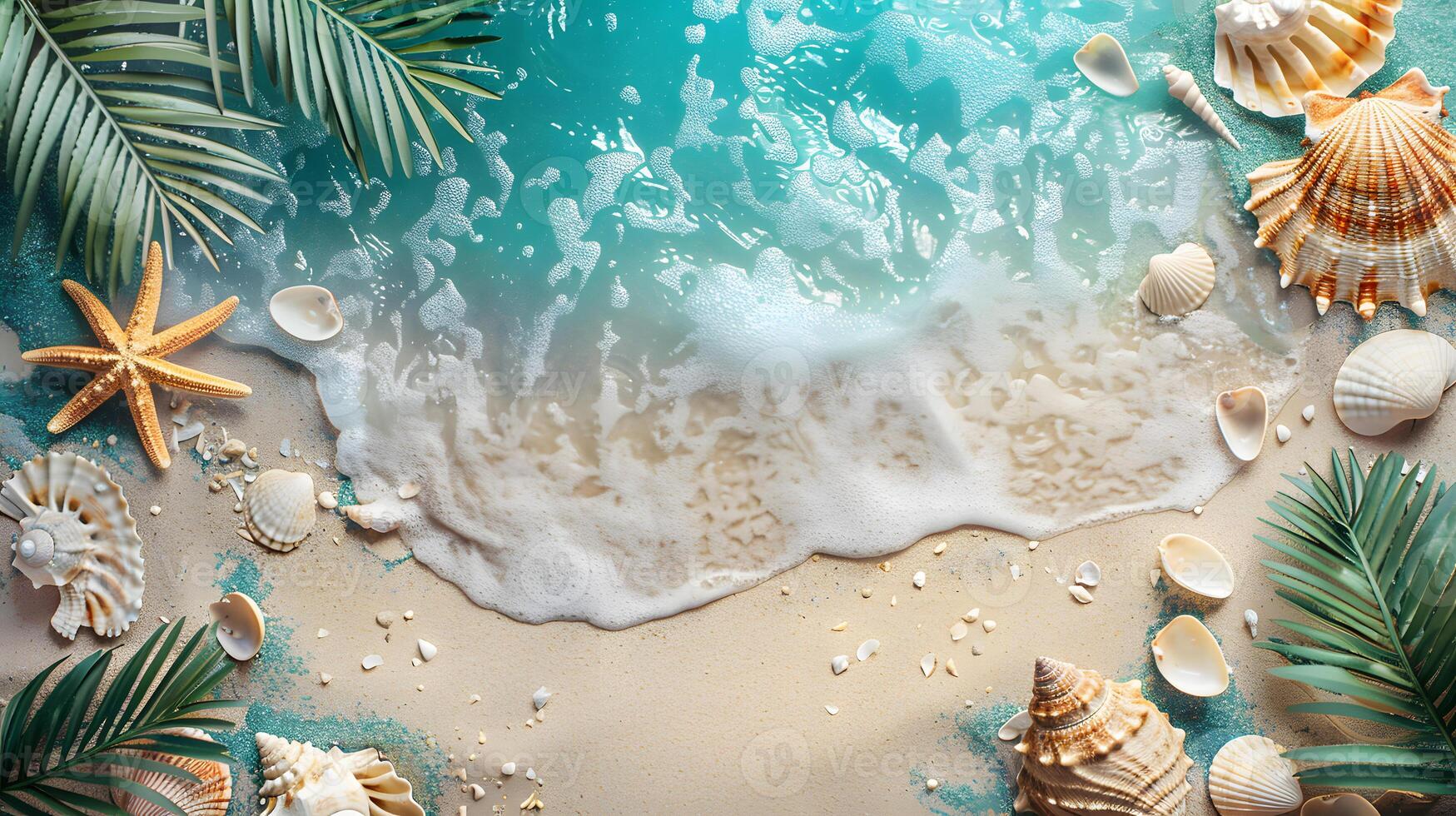 ai generado azur costa de el Oceano con palma árboles, arena, navegar y conchas ai generado foto