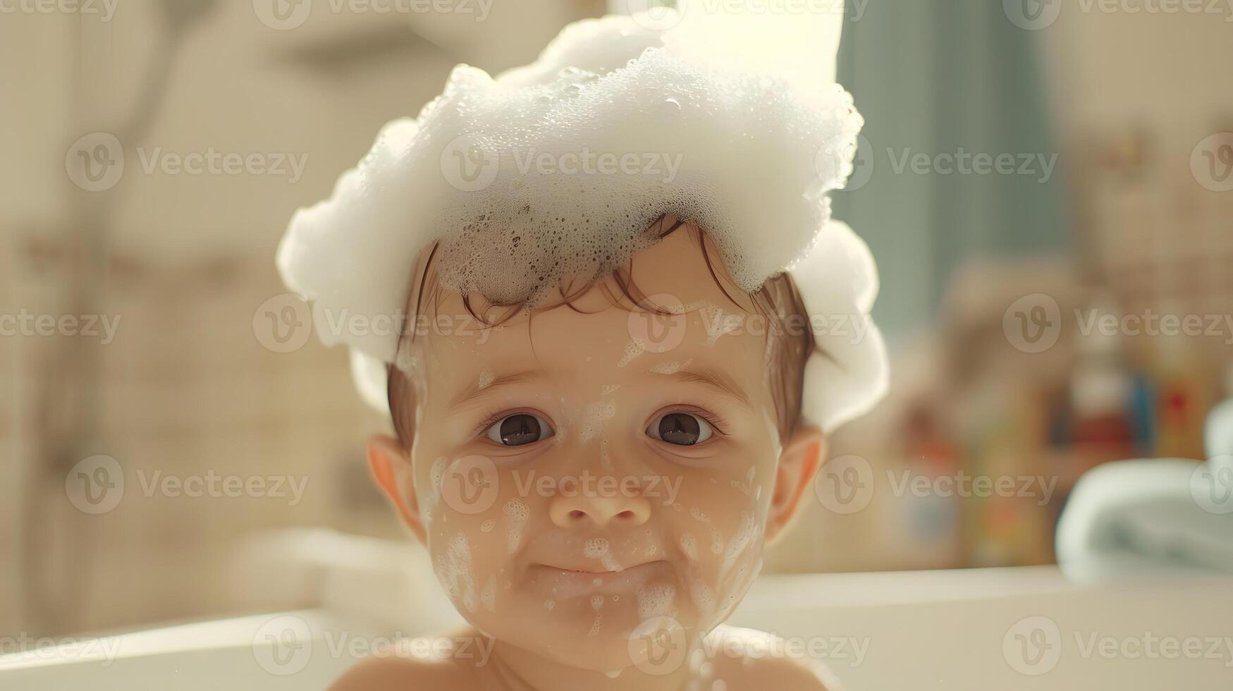 AI generated A cute little child with little foam on his head. AI Generated photo