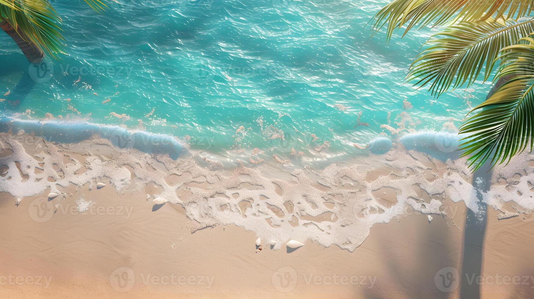 AI generated Azure coast of the ocean with palm trees, sand, surf and shells. AI Generated photo