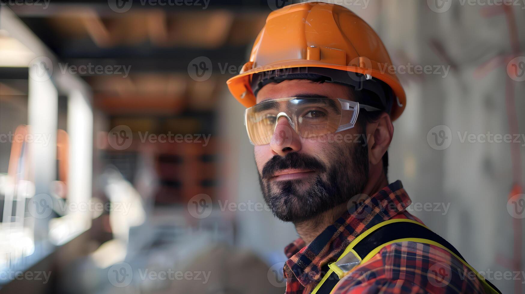 AI generated A man, a worker, a builder by profession, in a uniform and a helmet. AI Generated photo