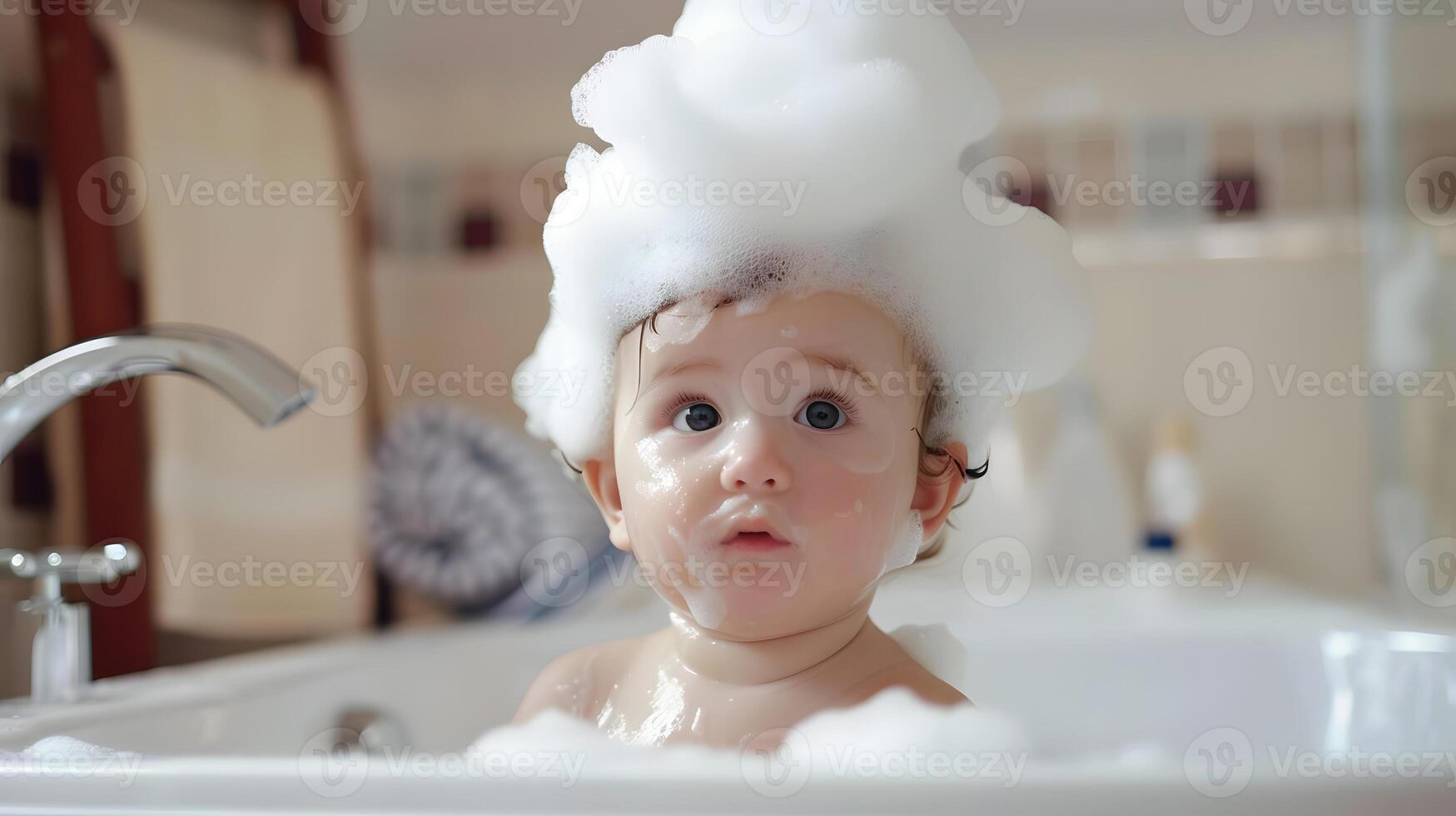 ai generado un linda pequeño niño con pequeño espuma en su cabeza. ai generado foto