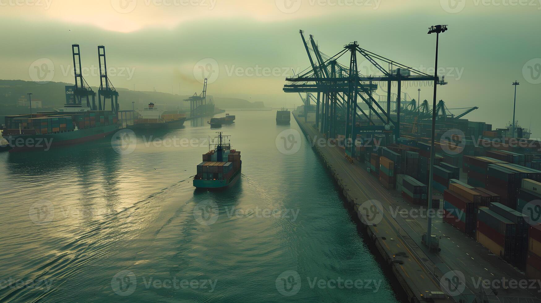 ai generado un Embarcacion para transportar carga contenedores y además descarga eso a el muelles de un carga puerto. ai generado foto