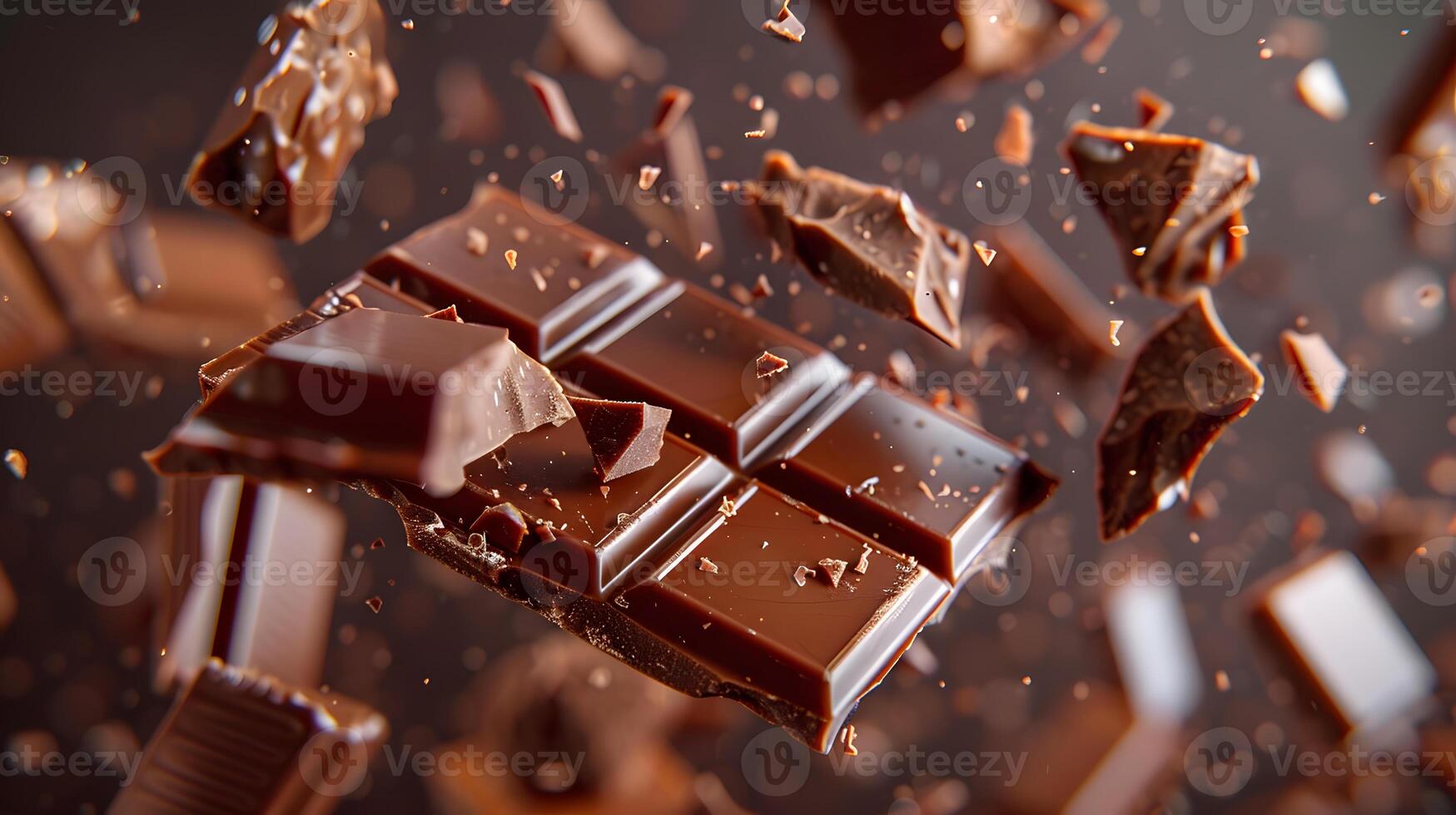AI generated Sweet dark chocolate bar broken into pieces. AI Generated photo