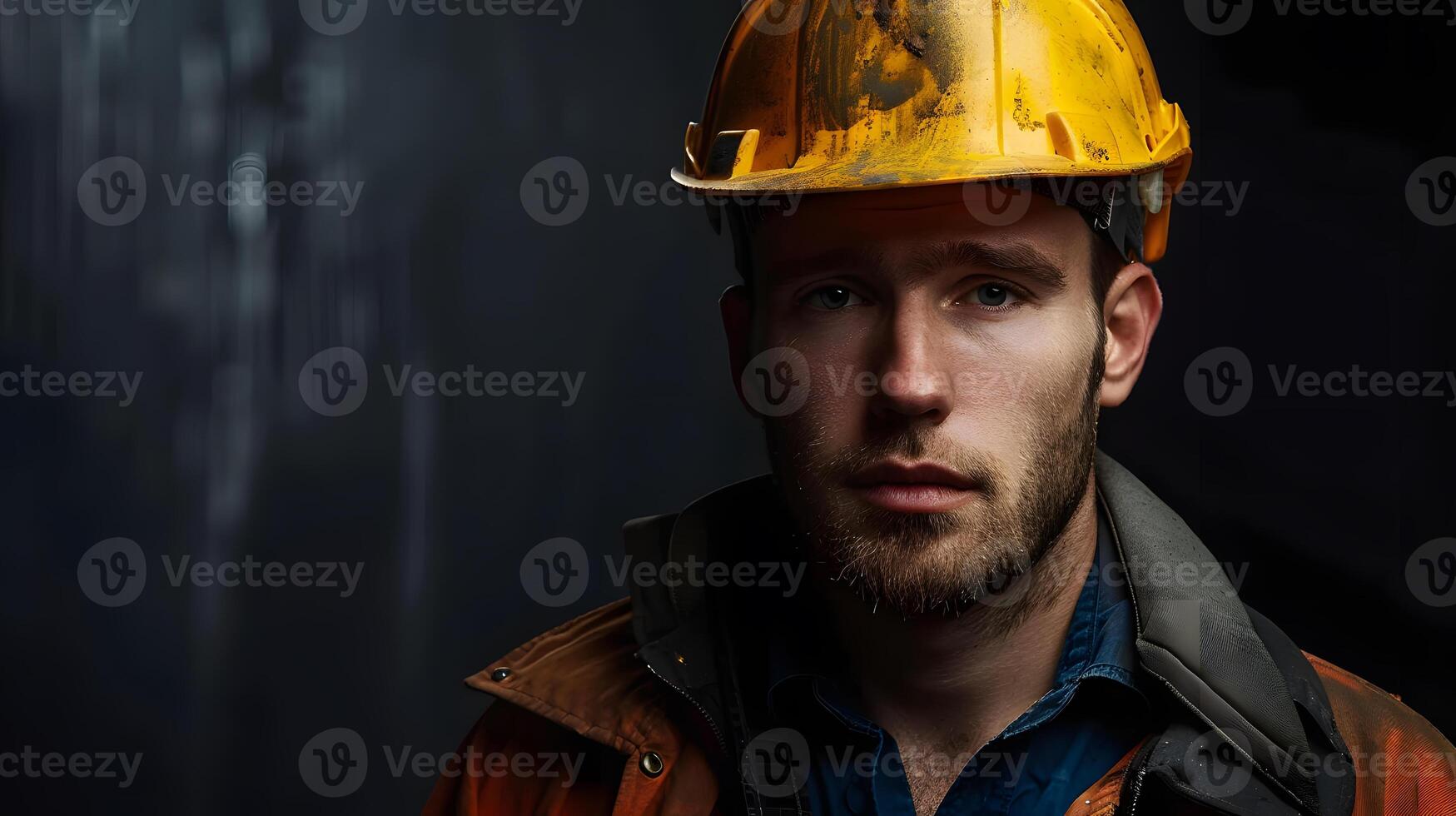 AI generated Portrait of a working man in a uniform and a hard hat. AI Generated photo
