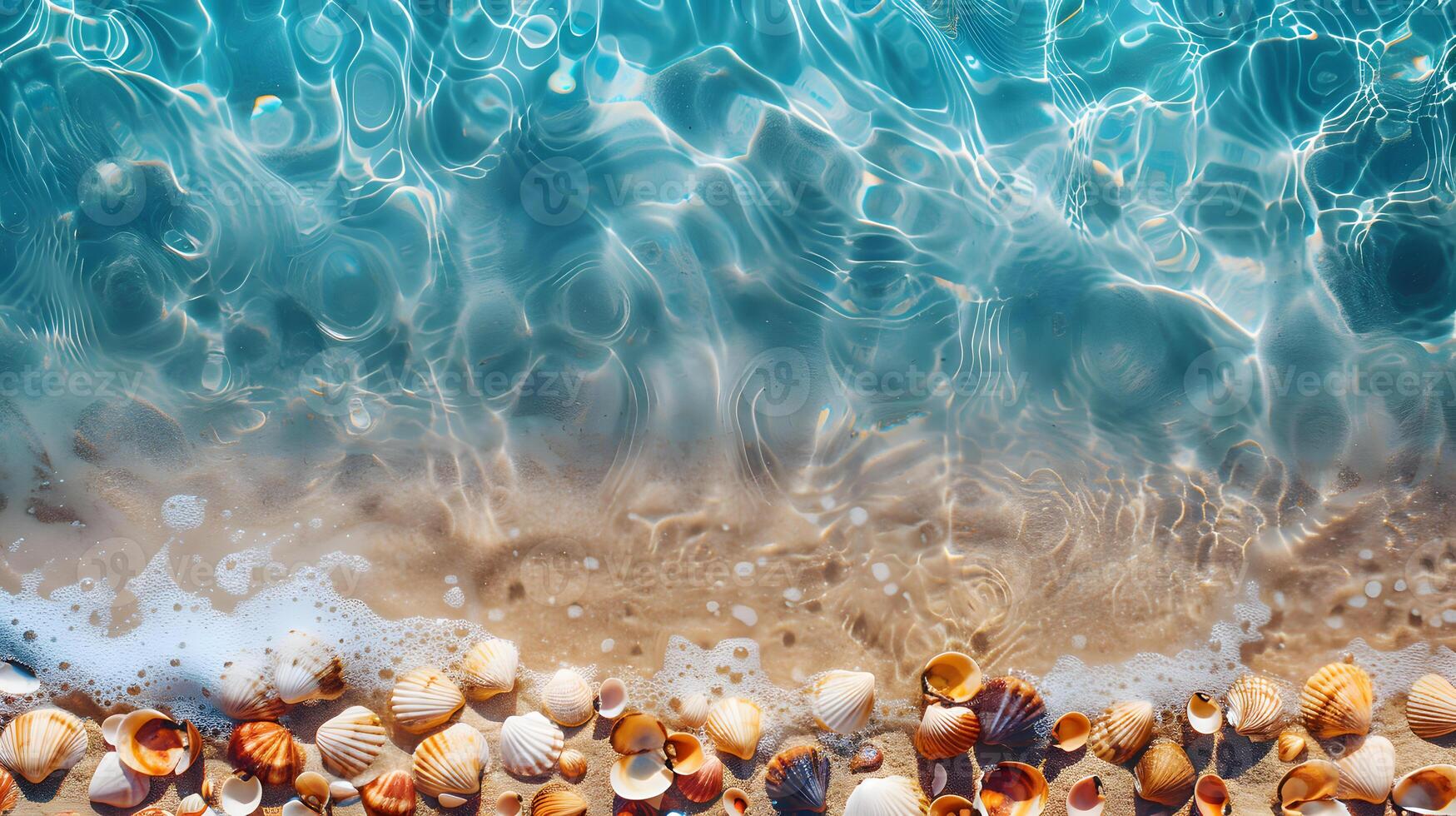 AI generated Azure coast of the ocean with palm trees, sand, surf and shells. AI Generated photo