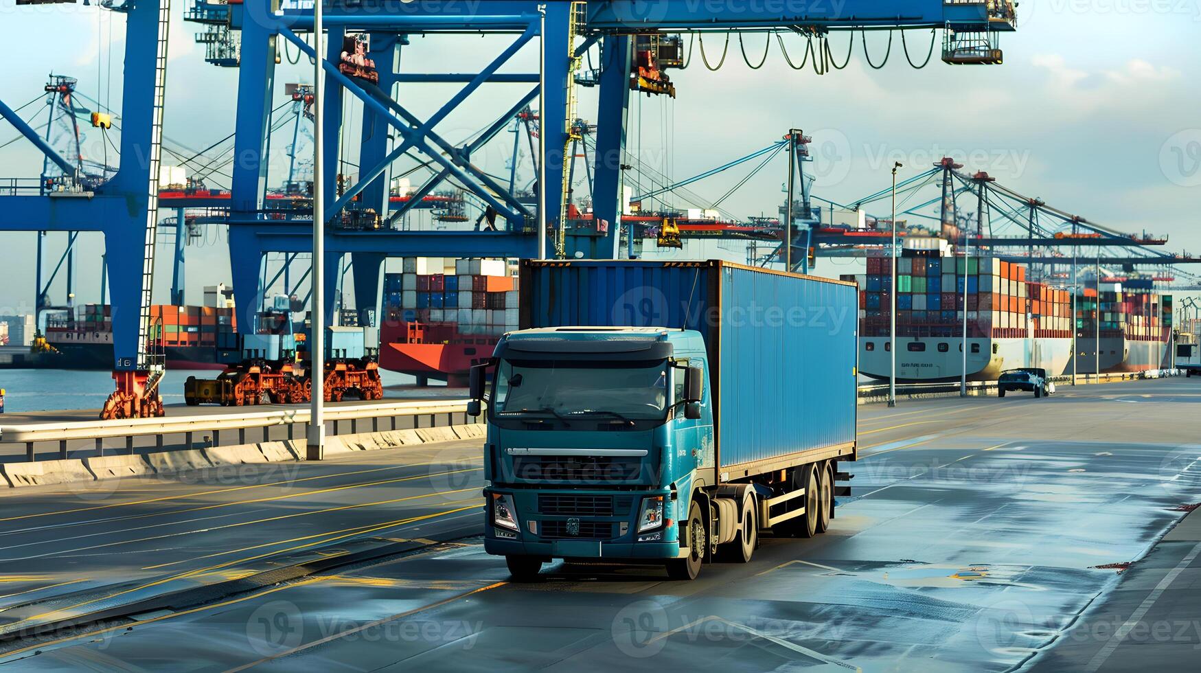 AI generated Truck trailer on the pier in the cargo port terminal with cranes and containers. AI Generated photo