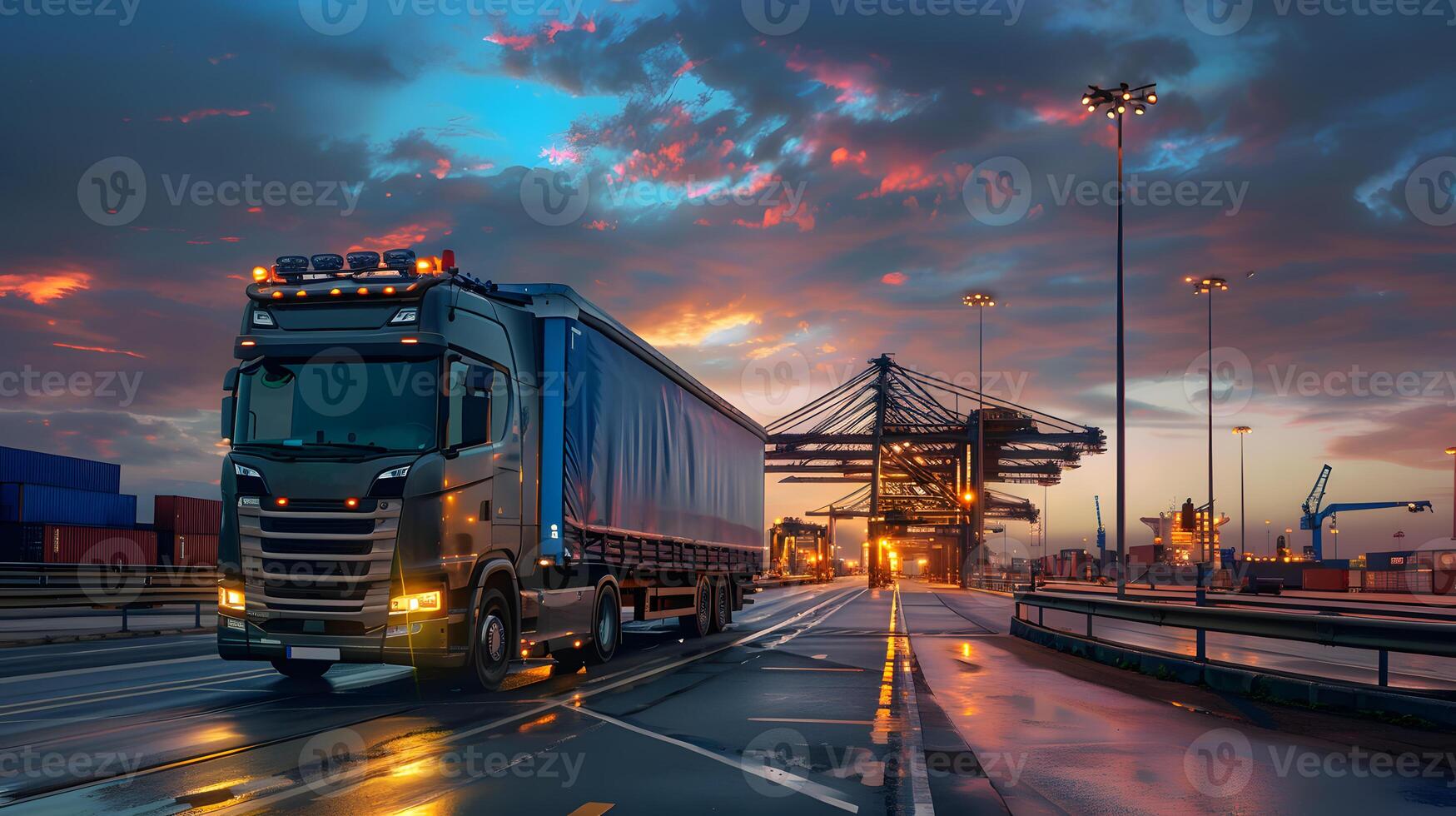 AI generated Truck trailer on the pier in the cargo port terminal with cranes and containers. AI Generated photo