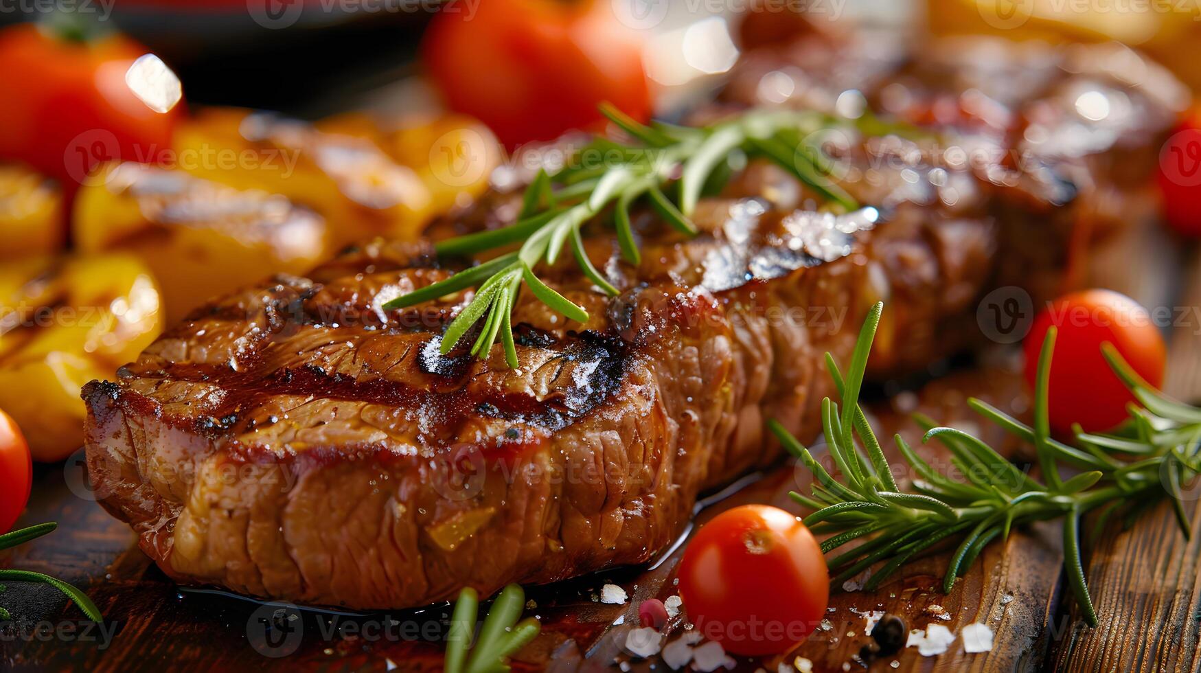 AI generated Fresh juicy delicious beef steak on a dark background. AI Generated photo