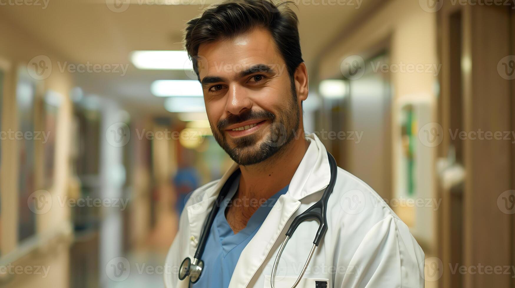 AI generated Portrait of a male medical worker with a stethoscope. AI Generated photo