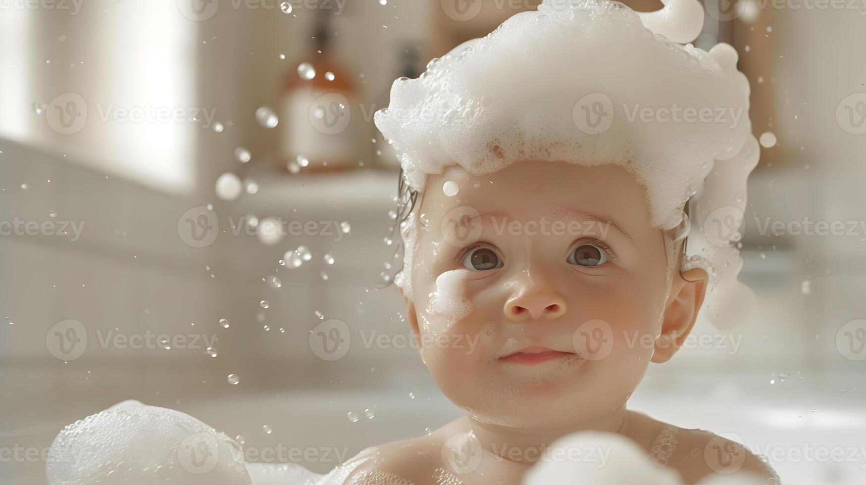 ai generado un linda pequeño niño con pequeño espuma en su cabeza. ai generado foto