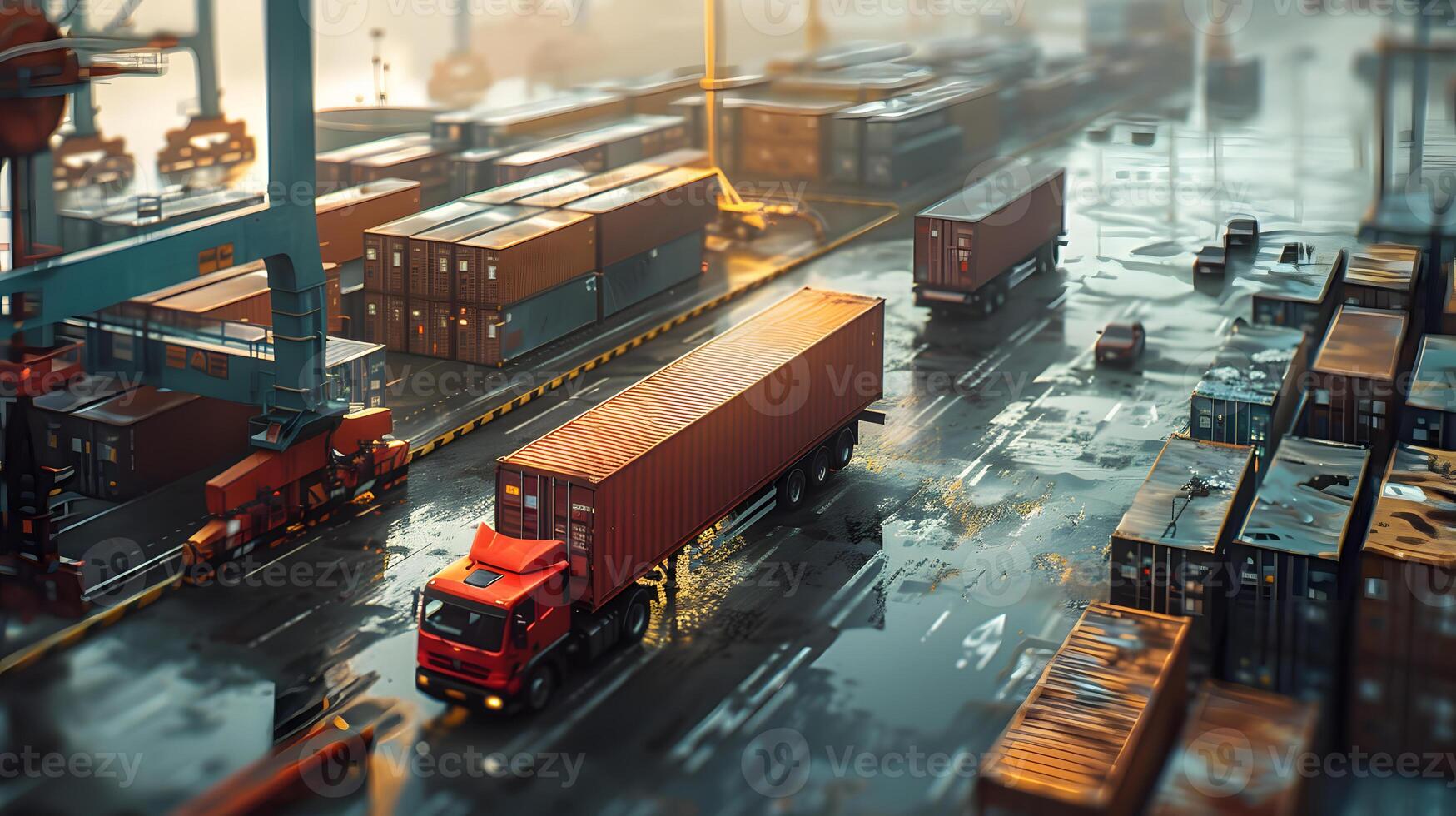 AI generated Truck trailer on the pier in the cargo port terminal with cranes and containers. AI Generated photo