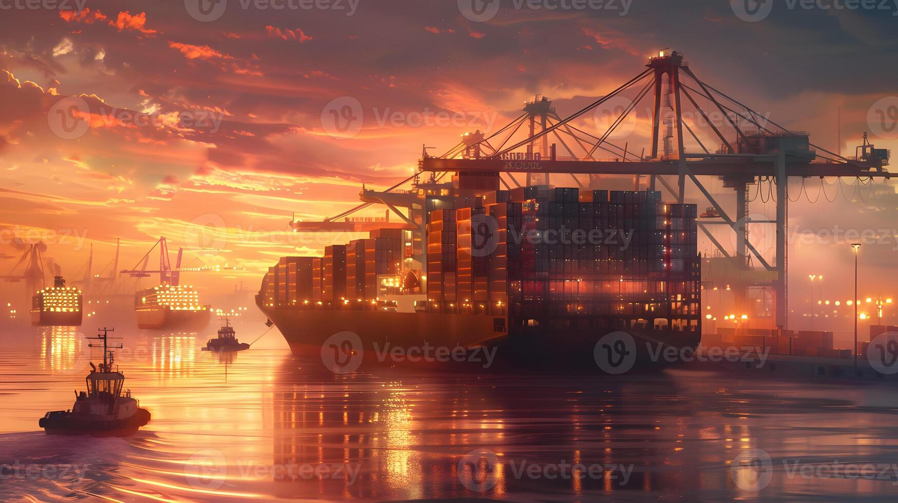 AI generated A ship for transporting cargo containers and also unloading it at the docks of a cargo port. AI Generated photo