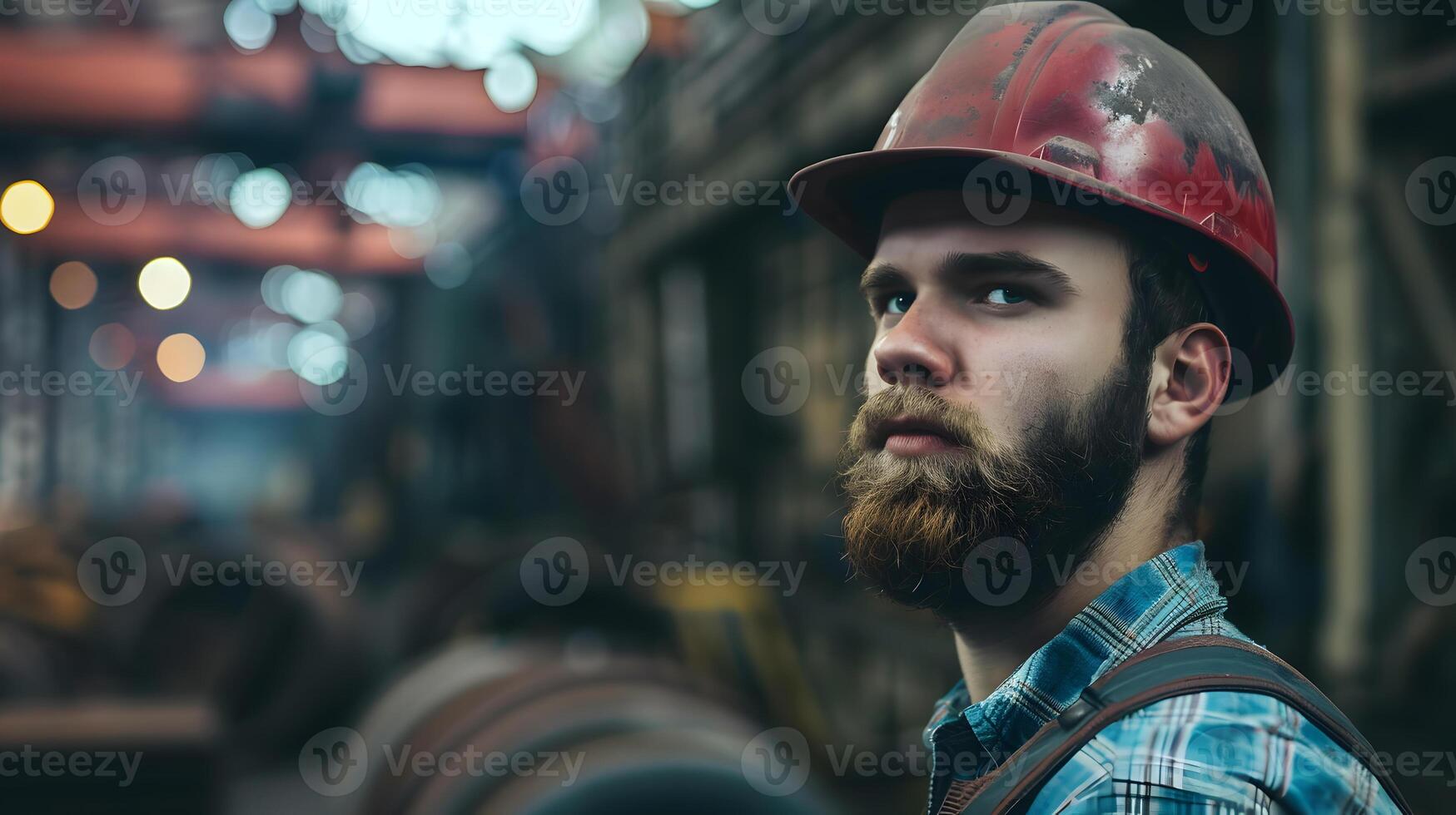 AI generated Portrait of a working man in a uniform and a hard hat. AI Generated photo