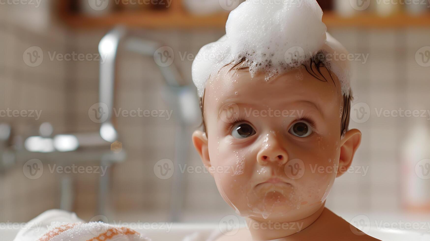 AI generated A cute little child with little foam on his head. AI Generated photo