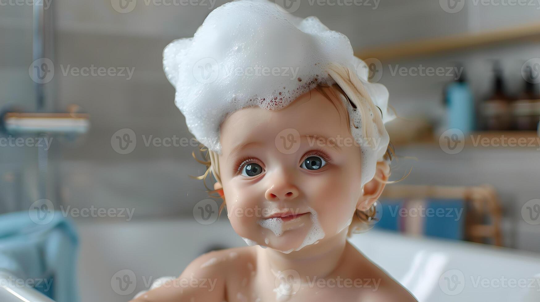 AI generated A cute little child with little foam on his head. AI Generated photo