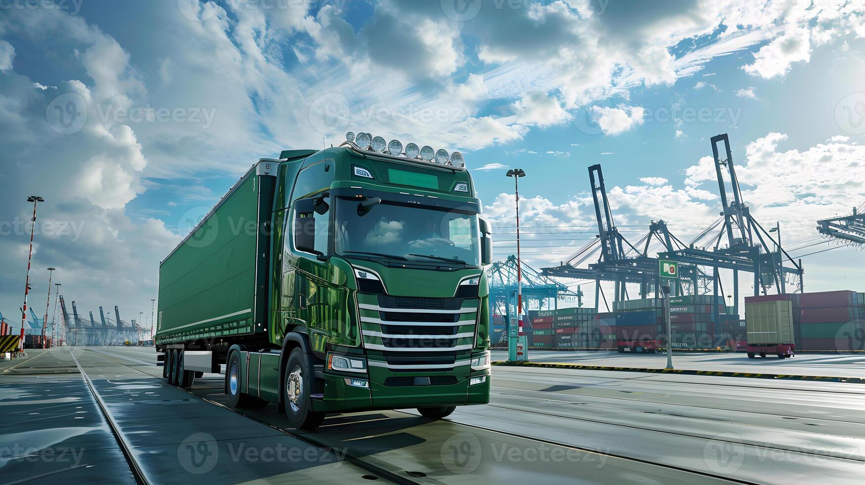 AI generated Truck trailer on the pier in the cargo port terminal with cranes and containers. AI Generated photo