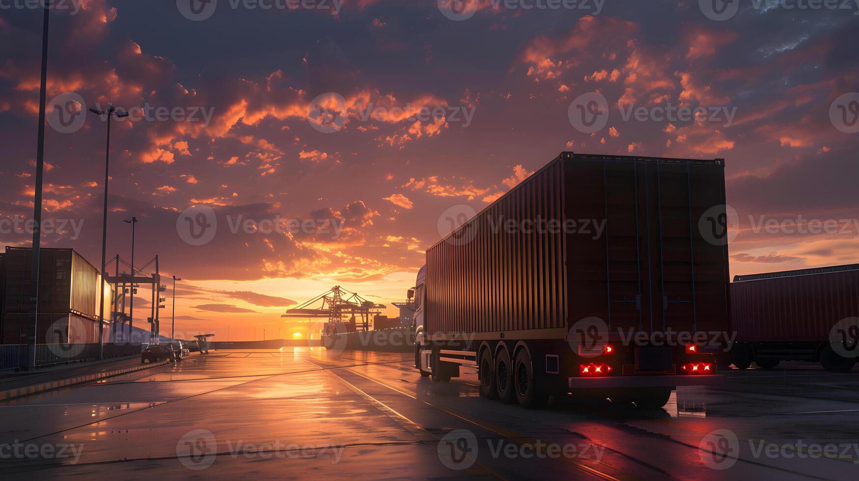 ai generado camión remolque en el muelle en el carga Puerto terminal con grúas y contenedores ai generado foto