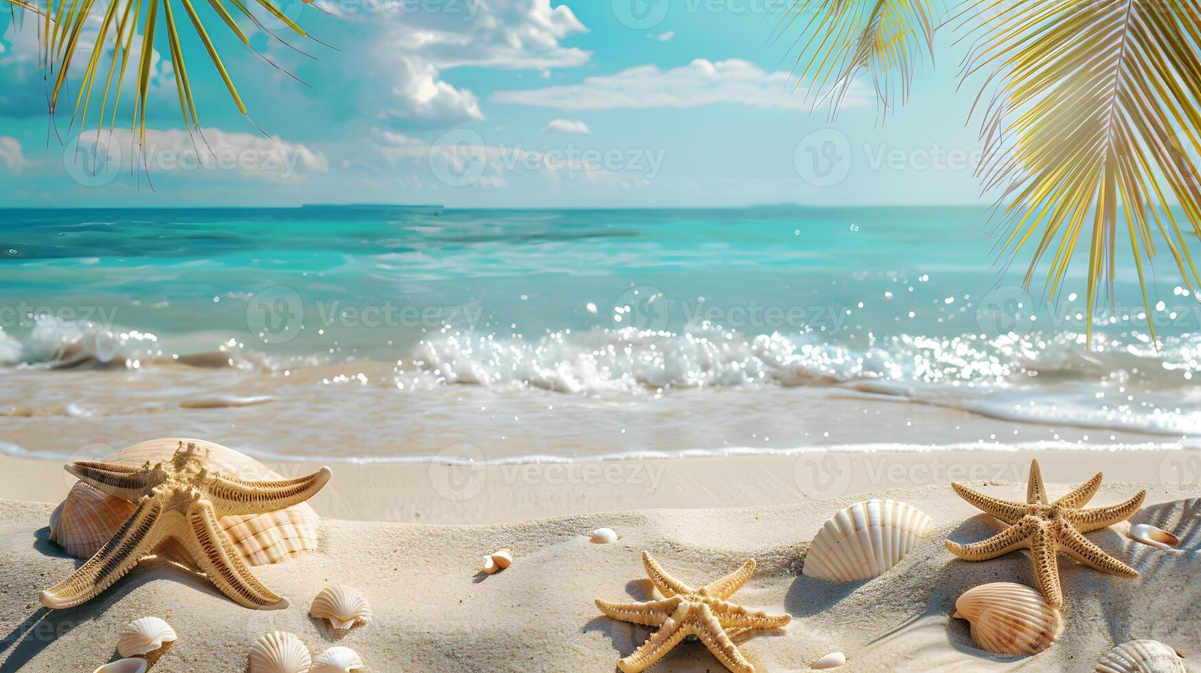 Azure coast of the ocean with palm trees, sand, surf and shells. AI Generated photo