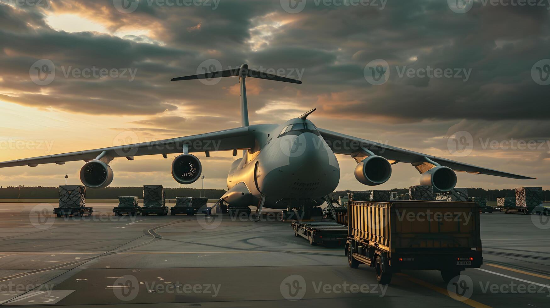 AI generated A cargo plane at the airport docks loads or unloads cargo. AI Generated photo