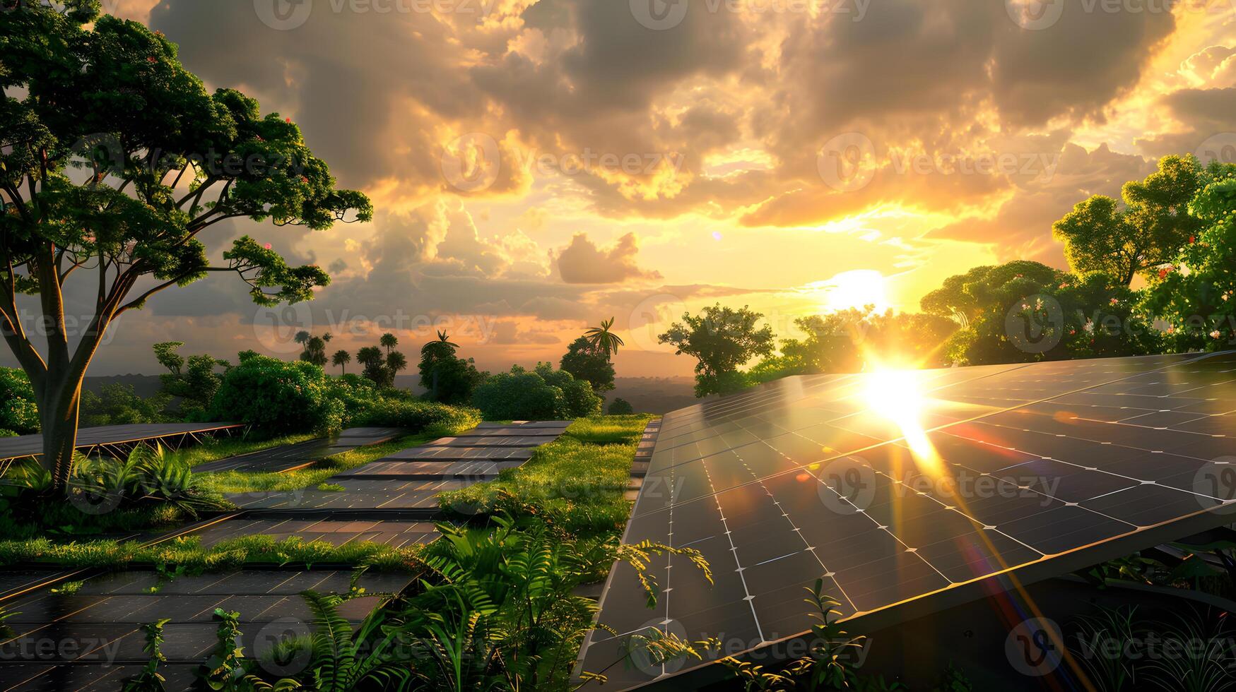 ai generado campos de solar paneles y sistemas a Produce verde electricidad. ai generado foto