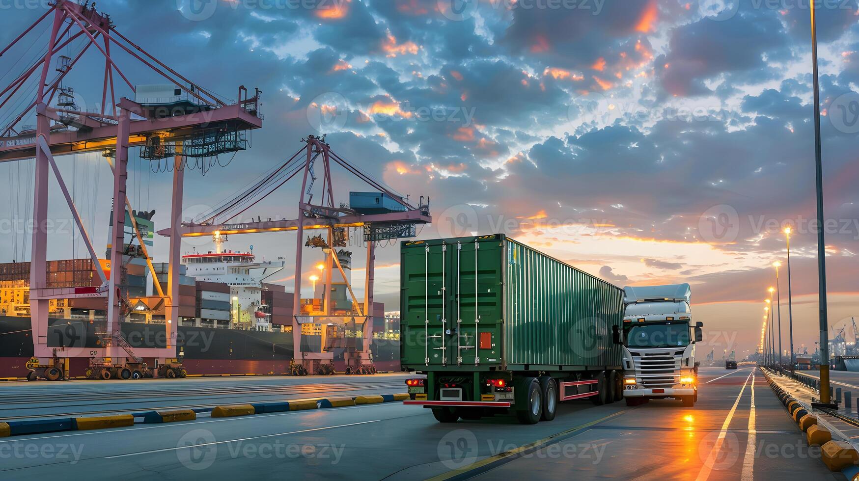 AI generated Truck trailer on the pier in the cargo port terminal with cranes and containers. AI Generated photo