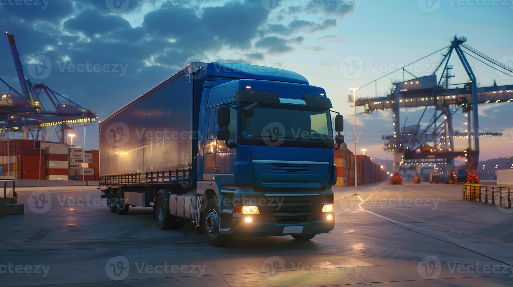 AI generated Truck trailer on the pier in the cargo port terminal with cranes and containers. AI Generated photo