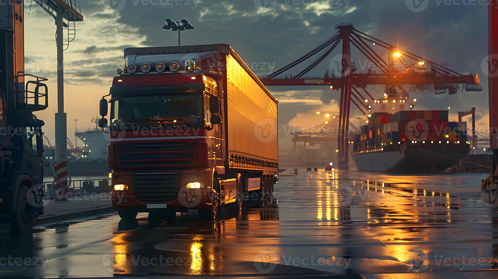 AI generated Truck trailer on the pier in the cargo port terminal with cranes and containers. AI Generated photo