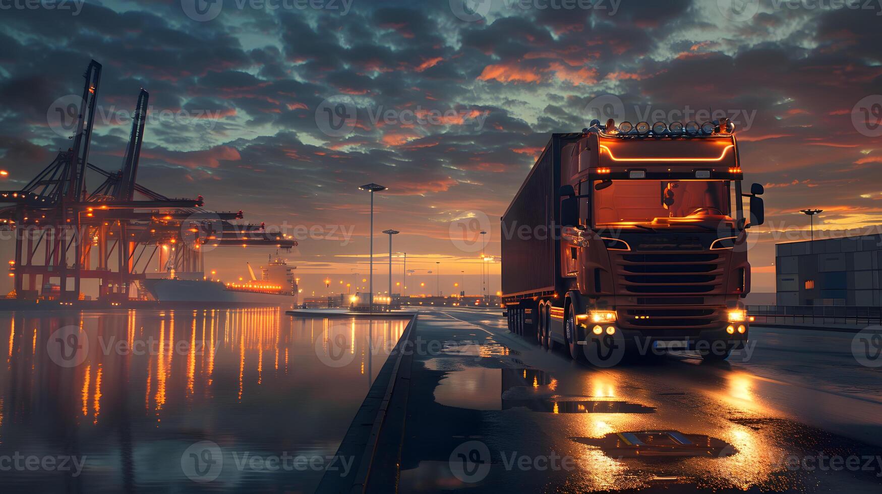 AI generated Truck trailer on the pier in the cargo port terminal with cranes and containers. AI Generated photo