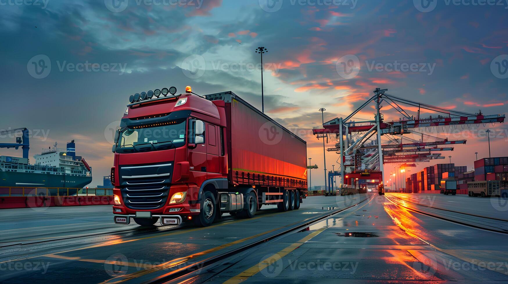 AI generated Truck trailer on the pier in the cargo port terminal with cranes and containers. AI Generated photo