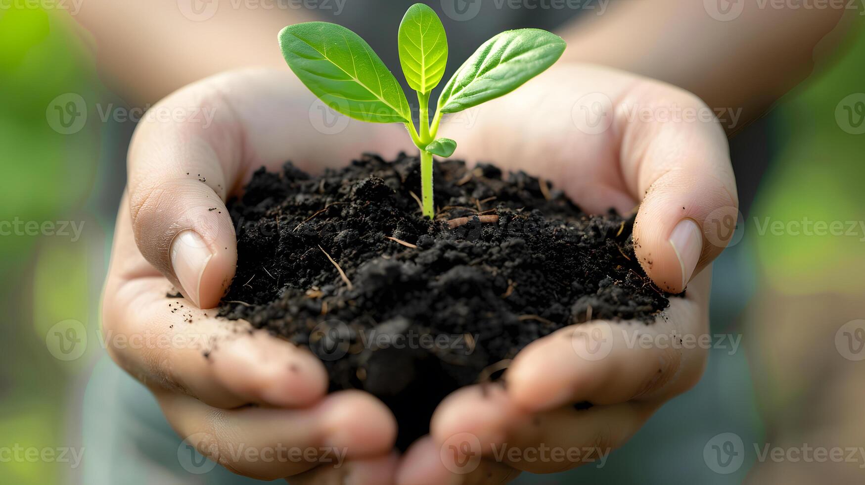 AI generated Human palms hold soil with a green small plant as a concept for business development. AI Generated photo