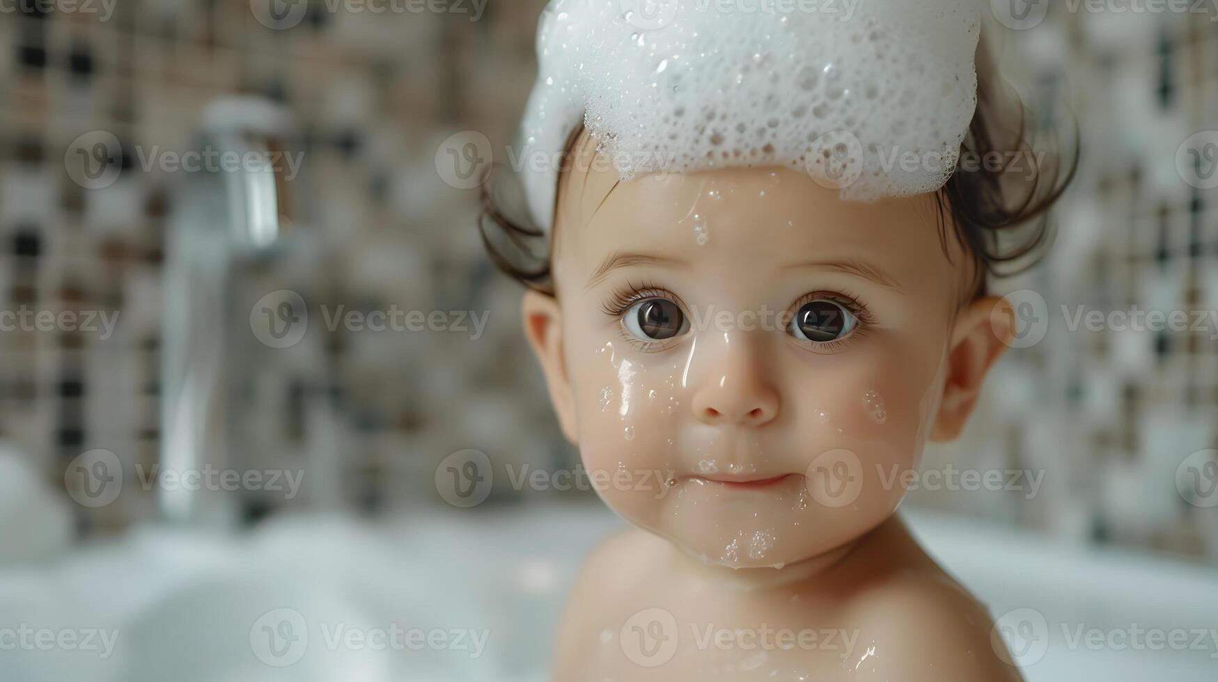 AI generated A cute little child with little foam on his head. AI Generated photo