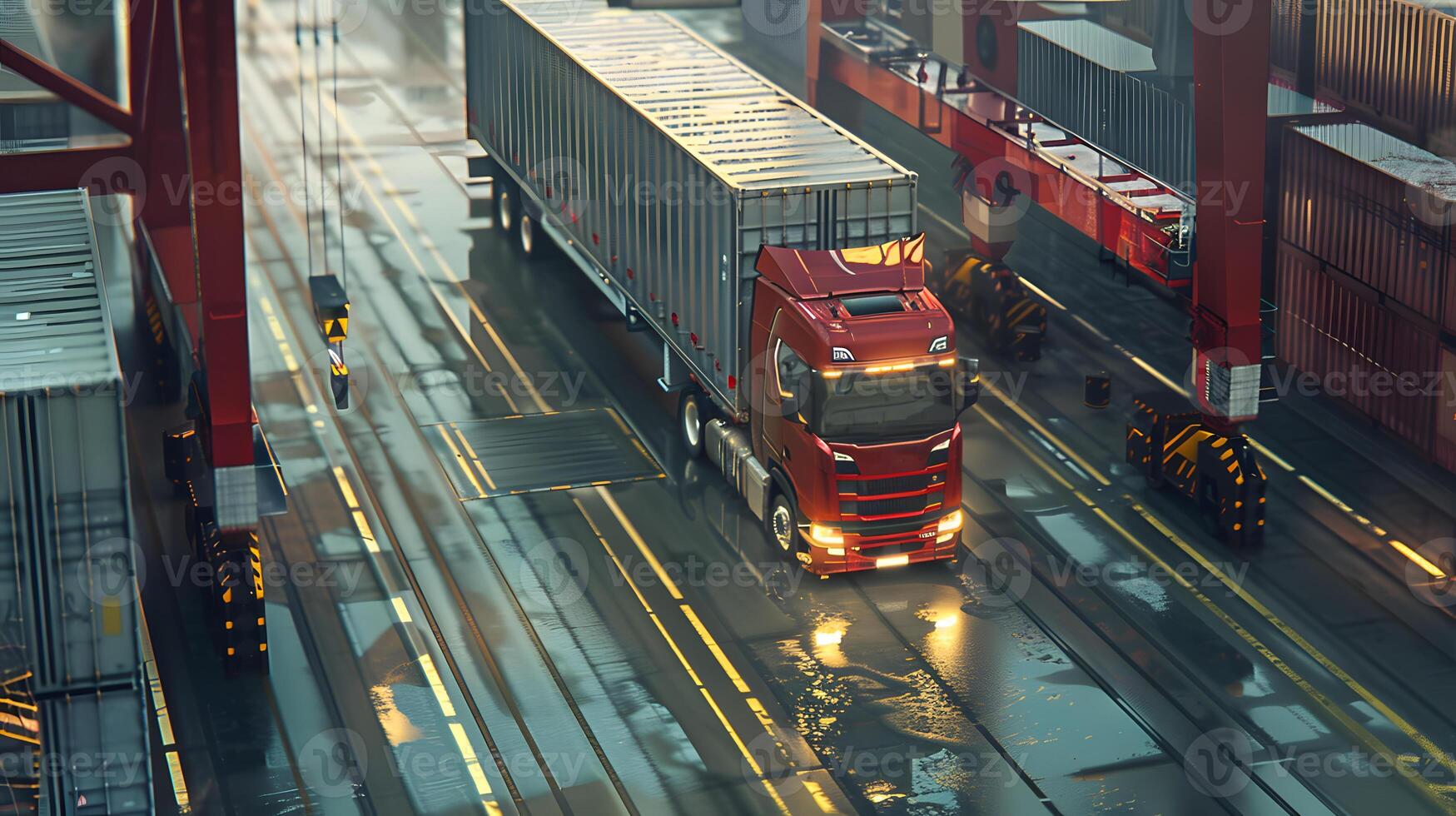 AI generated Truck trailer on the pier in the cargo port terminal with cranes and containers. AI Generated photo