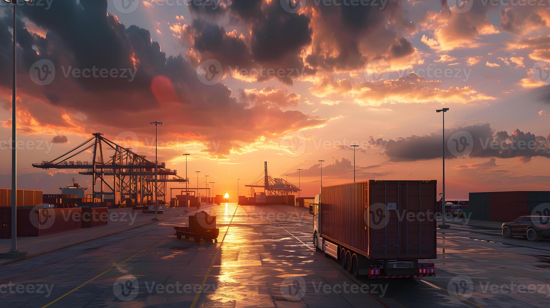 AI generated Truck trailer on the pier in the cargo port terminal with cranes and containers. AI Generated photo