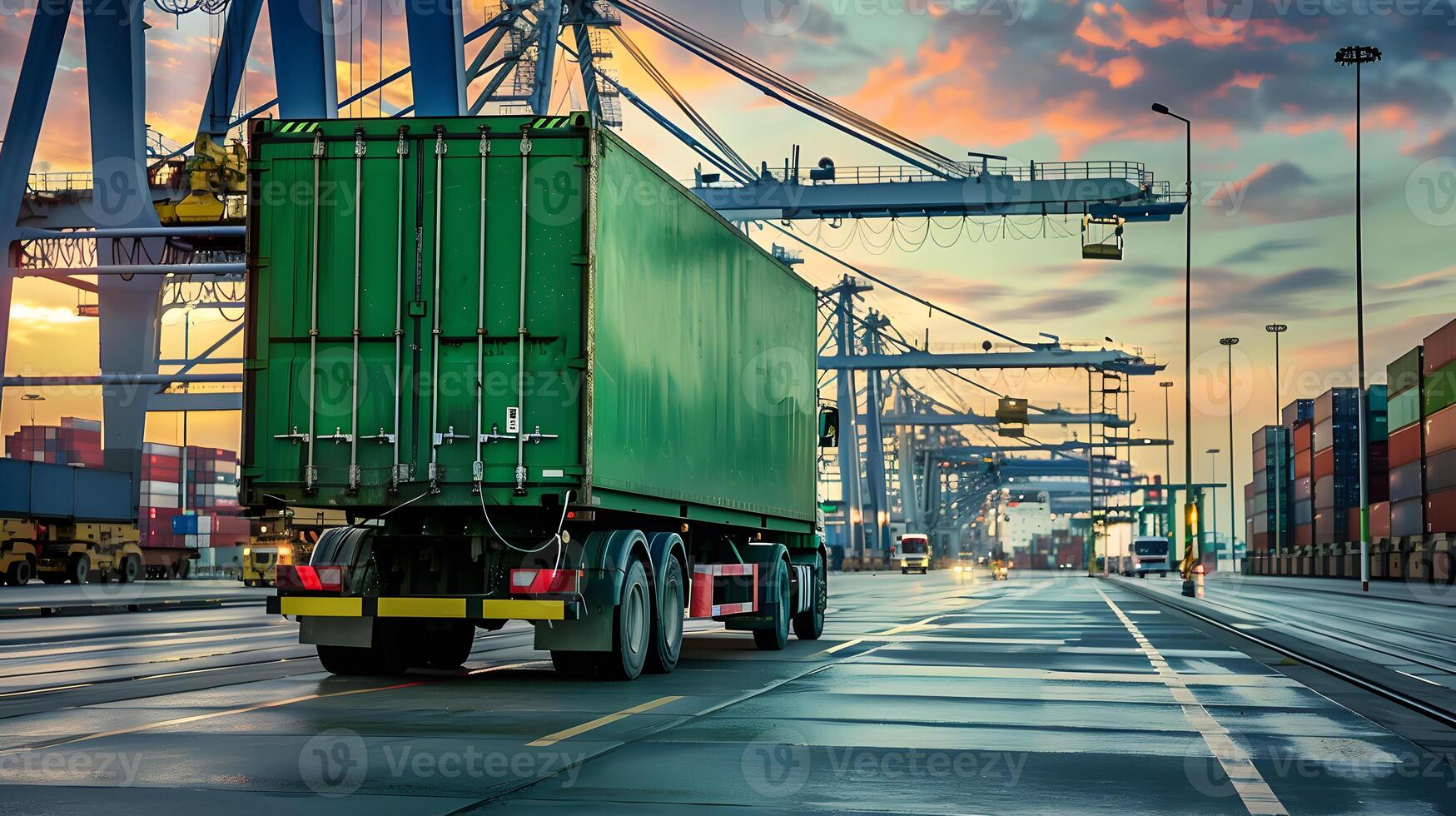 AI generated Truck trailer on the pier in the cargo port terminal with cranes and containers. AI Generated photo